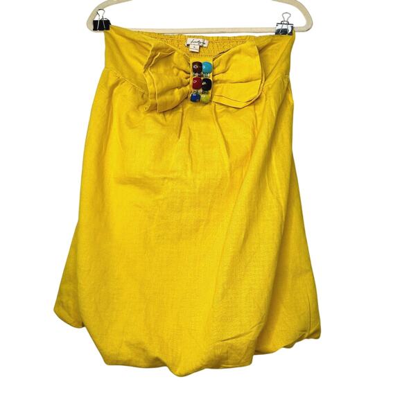 Yellow Linen Sleeveless Blouson Blouse Mini Dress Bead Bow Tie Front S - Picture 1 of 13